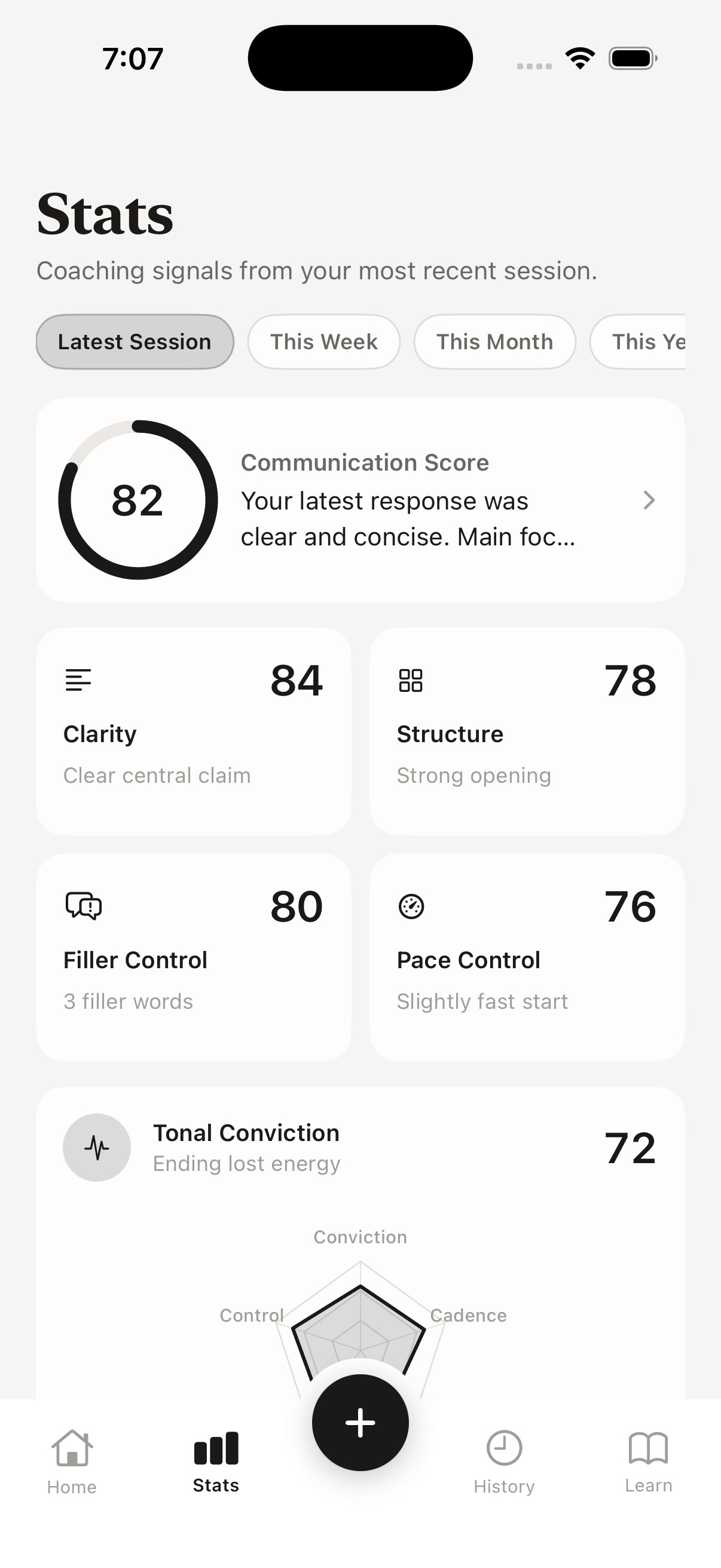 6030 Stats screen showing a communication score and coaching signals