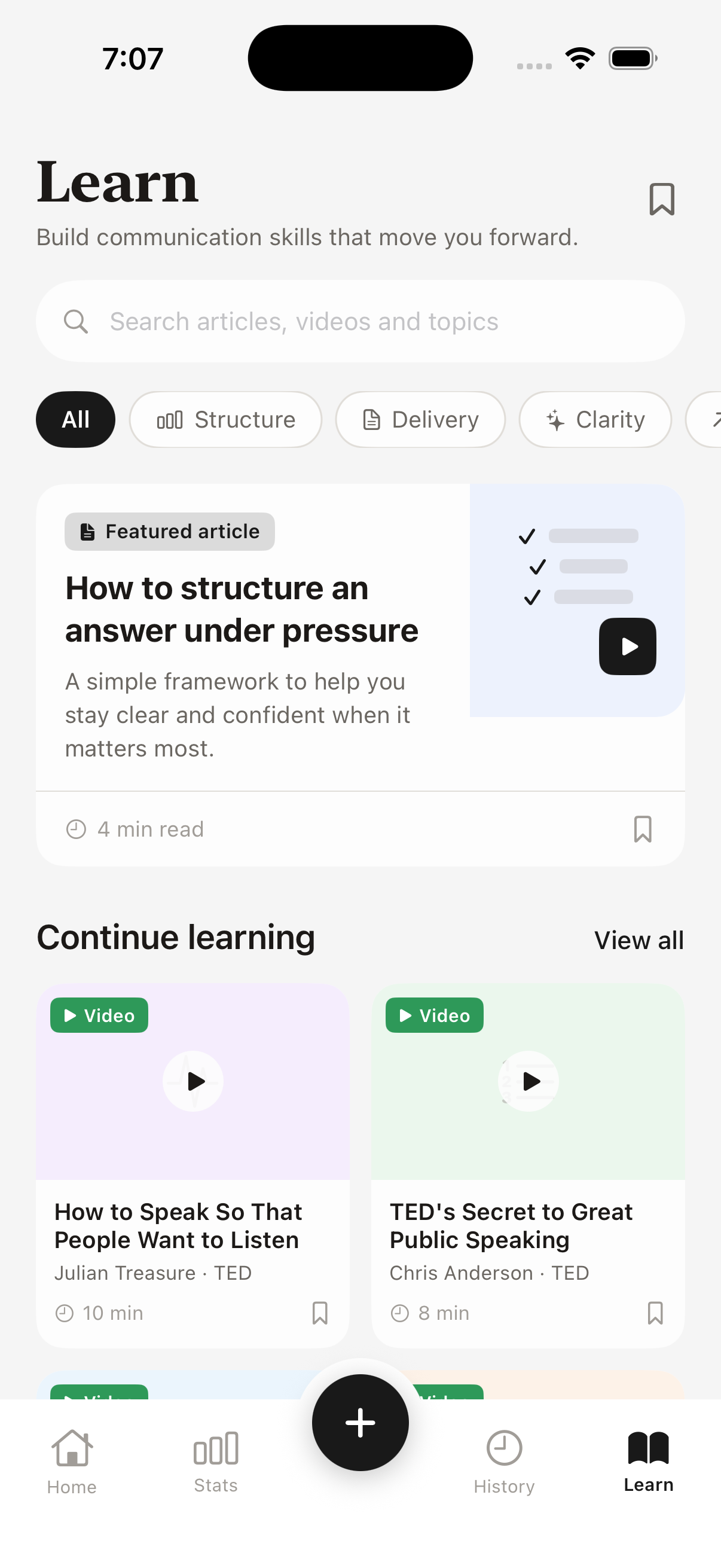 6030 Learn screen showing communication articles and videos